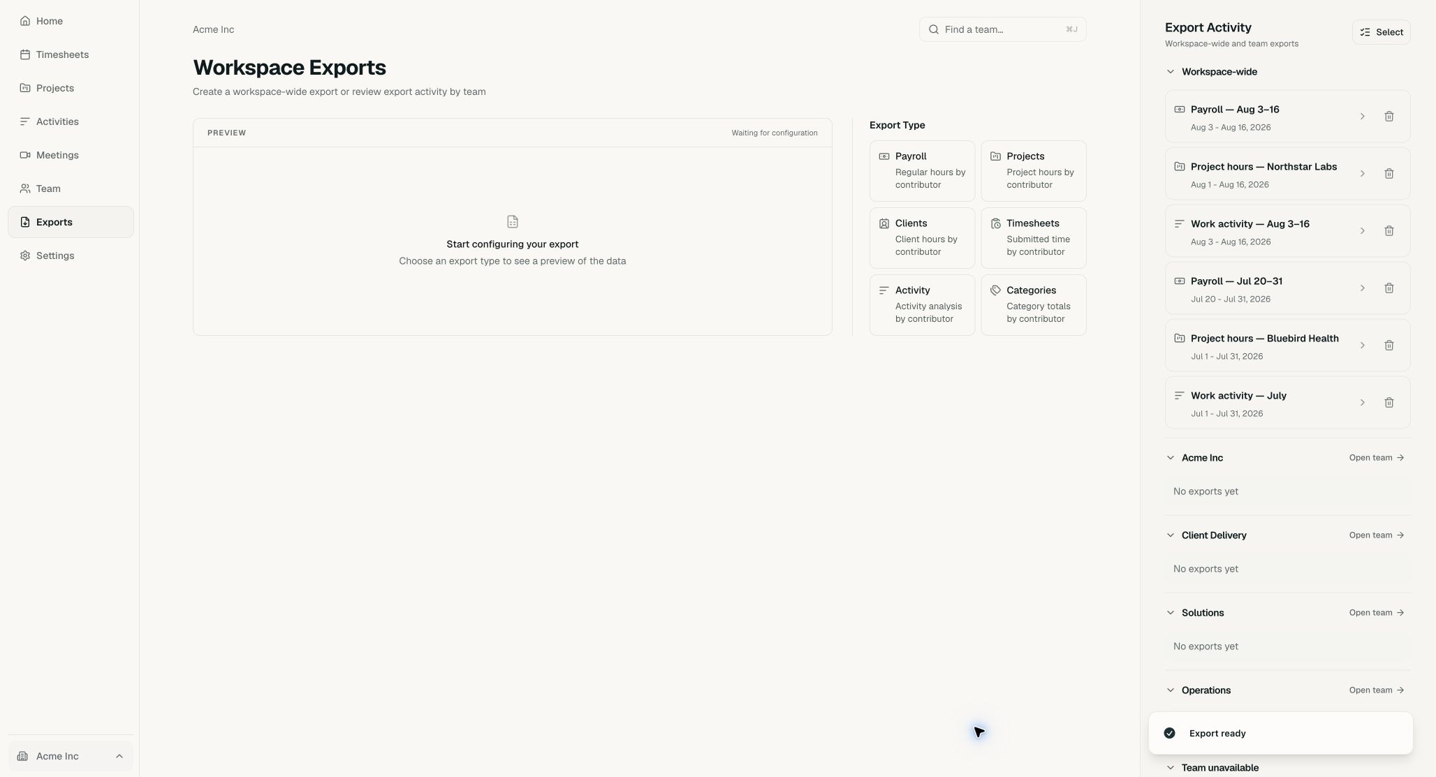 Acme Exports page after creating Northstar Labs — client hours