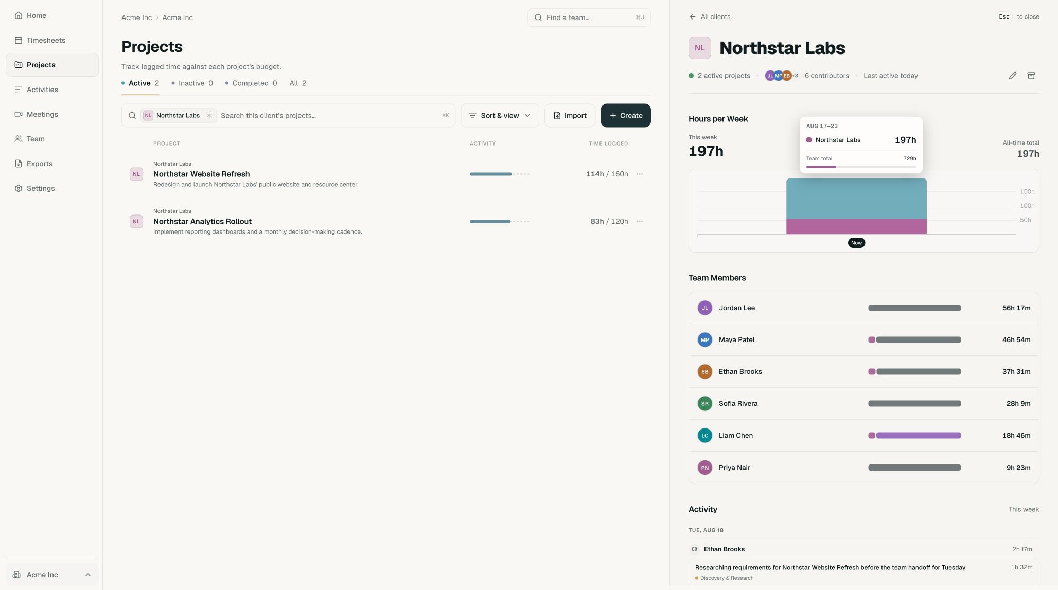Northstar Labs selected with two client projects visible
