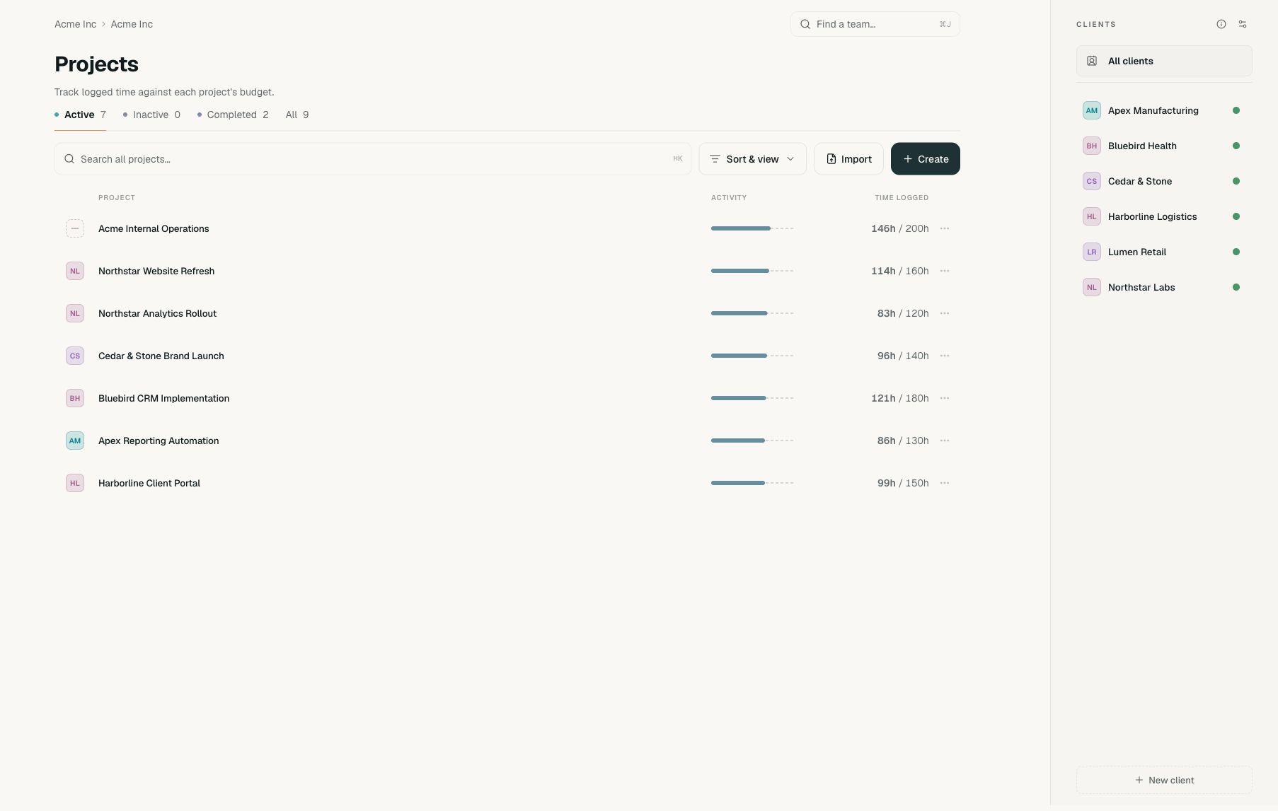 Acme Projects page with the Create button in the upper right