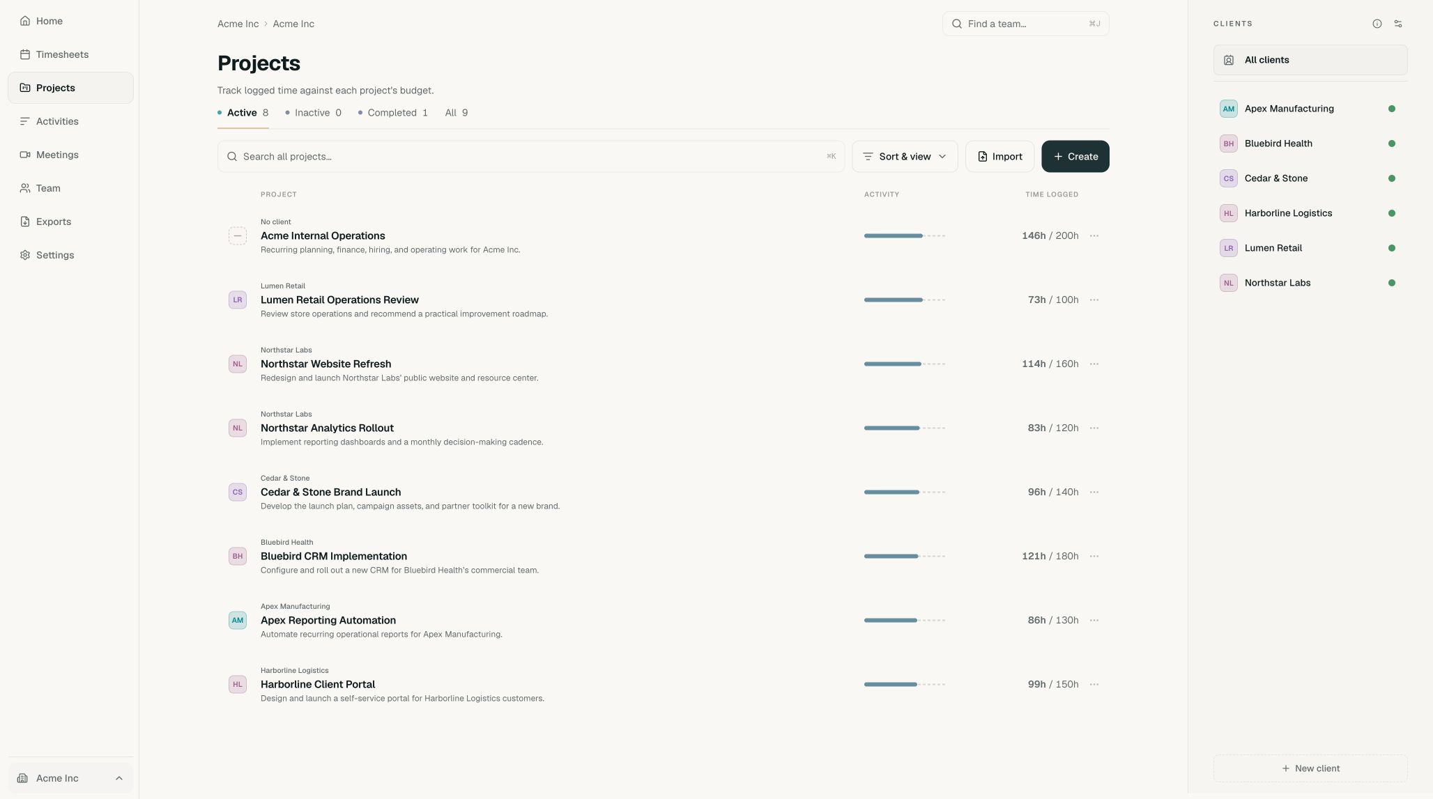 Acme Projects page with active projects and their logged time