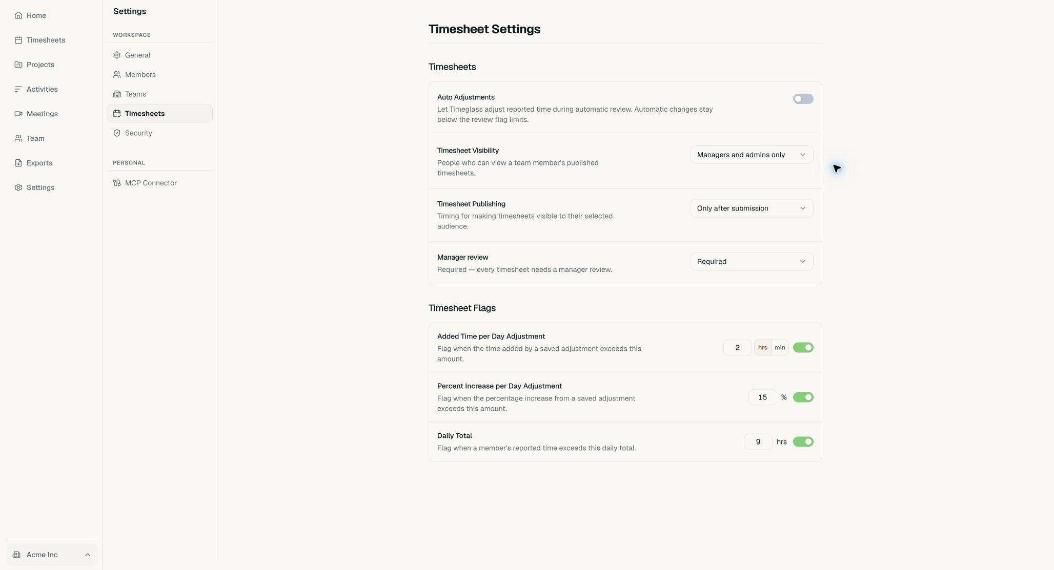 Acme Timesheet Settings with Manager review visible